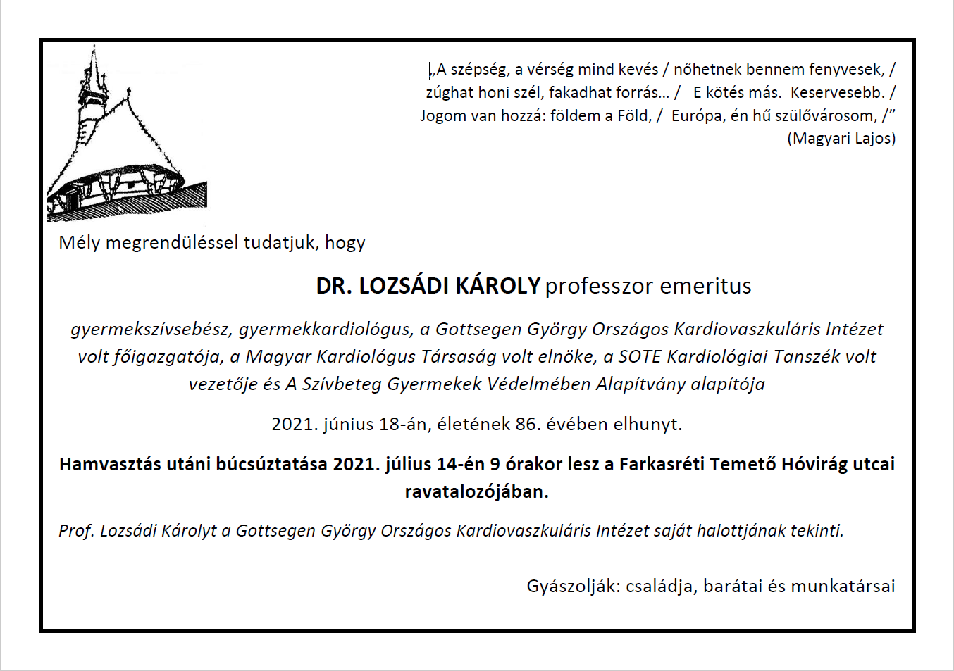 Prof. Dr. Lozsádi Károly gyászjelentése